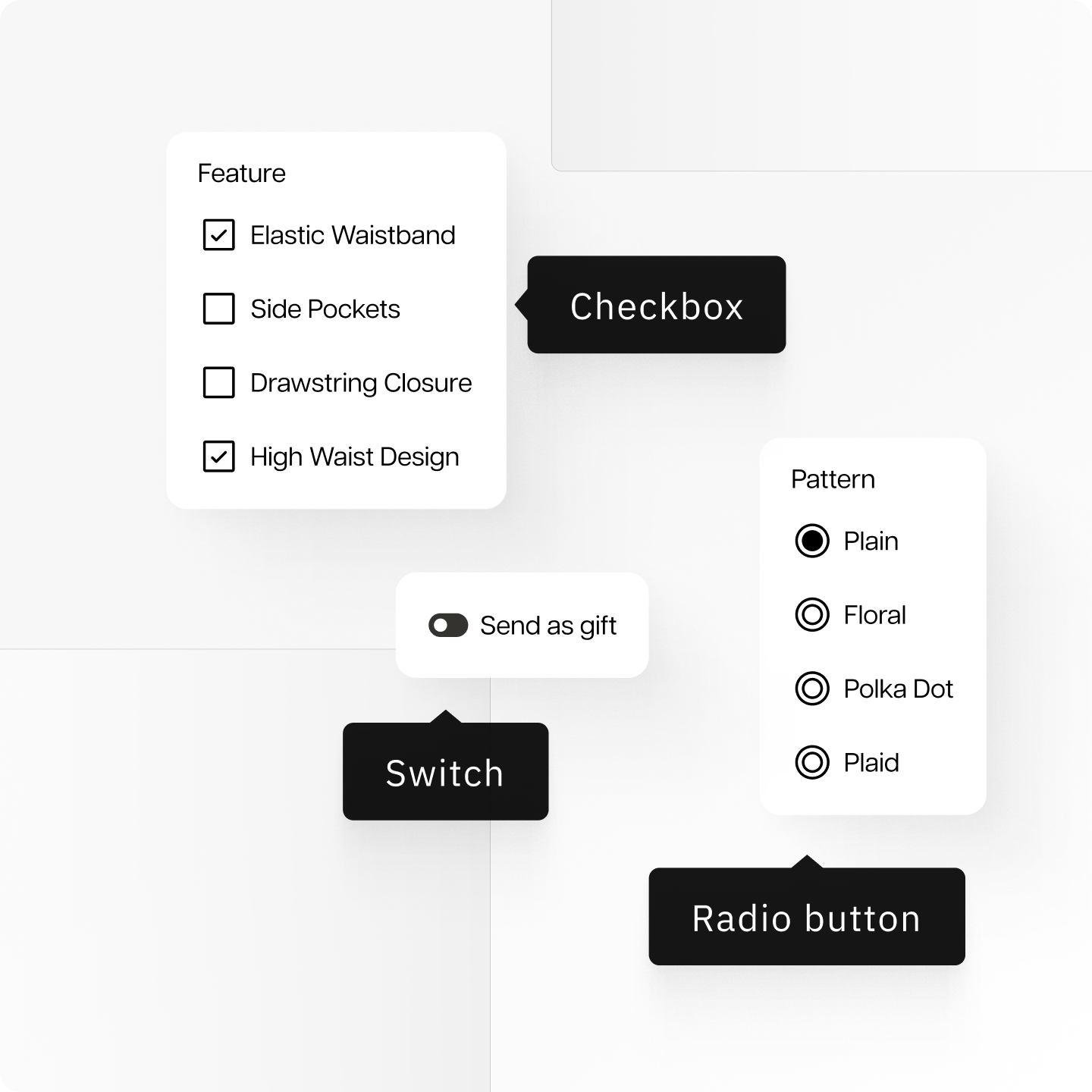 Checkbox, Radio Button & Switch